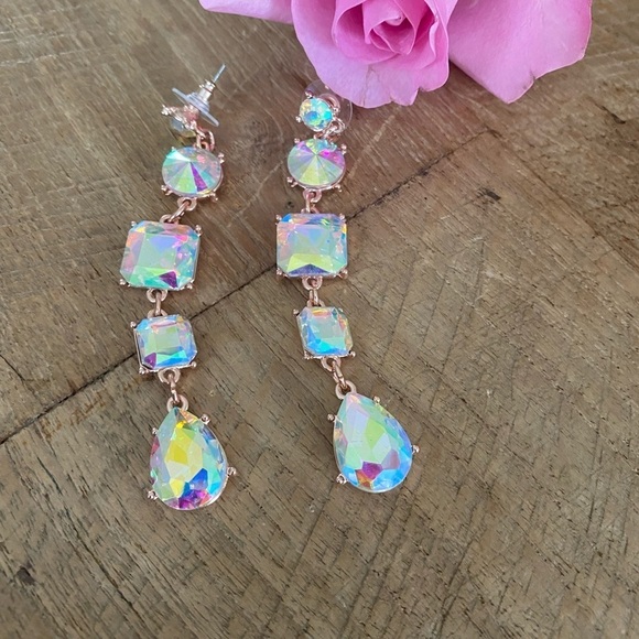 Rhinestone Statement Earrings Aurora Borealis VERY sparkly Spring Rose Gold Tone - Picture 16 of 16